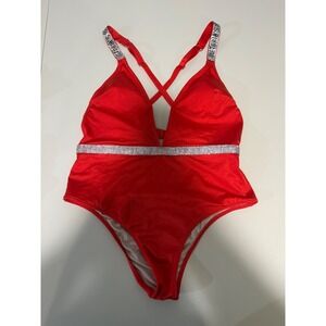 Victoria's Secret Shine Strap One Piece Swimsuit Red Rhinestone Logo Medium